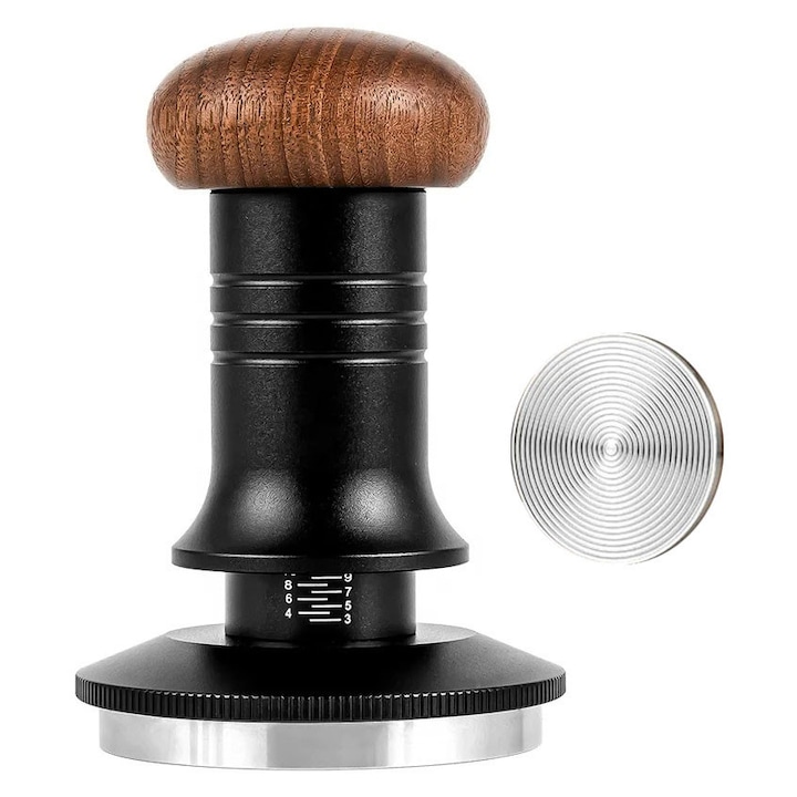 Tamper Espresso LEBLOU cu Mecanism de Presare cu Arc si reglaj Dinamometric multipunct: Finisaj Premium, Capac de Lemn, Maner Ergonomic din Aliaj, Baza din Inox 304 cu forma Elicoidala pentru Tampare Uniforma si Intretinere Simpla, 53 mm