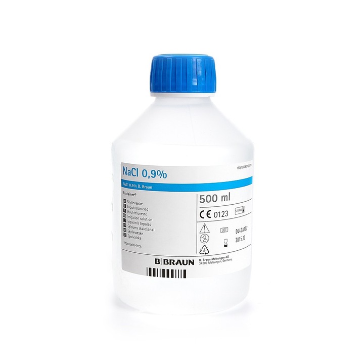 Физиологичен разтвор, B.Braun, Ecotainer, NaCl 0, 9%, за бебета, деца, възрастни, 500ml, прозрачен