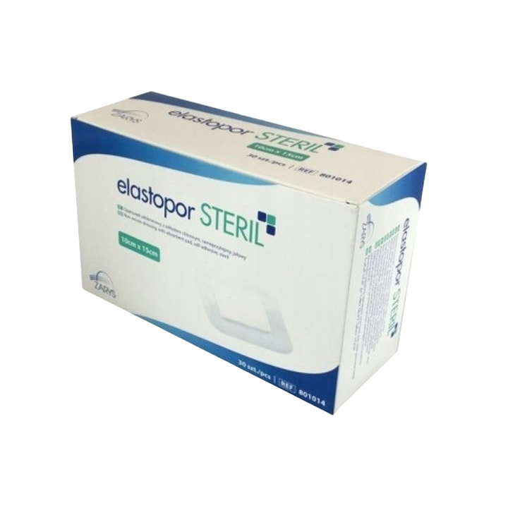 Комплект от 30 стерилни тампона, Zarys, Elastopor Steril, с абсорбираща подложка, 15x10 cm, бял