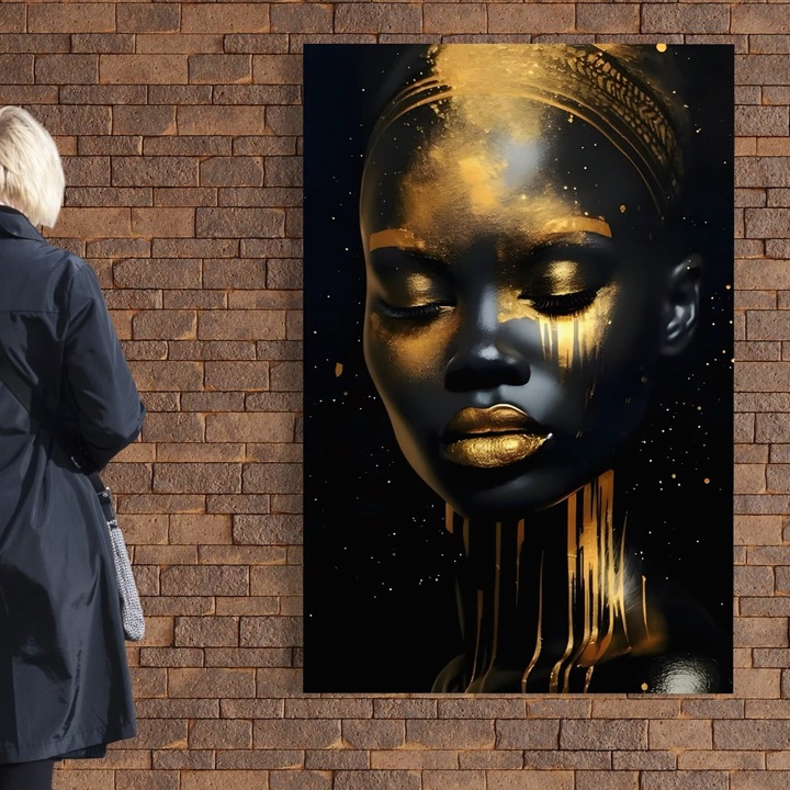 Tablou Canvas Premium, LuxCanva® C1169, African Beauty Covered In Gold, 80 X 120 CM, Panza Bumbac 100% 400g/m2, Sasiu Lemn, Culori, Girl, Beauty, Living Room, Bar, Relaxare, Culori Vibrante