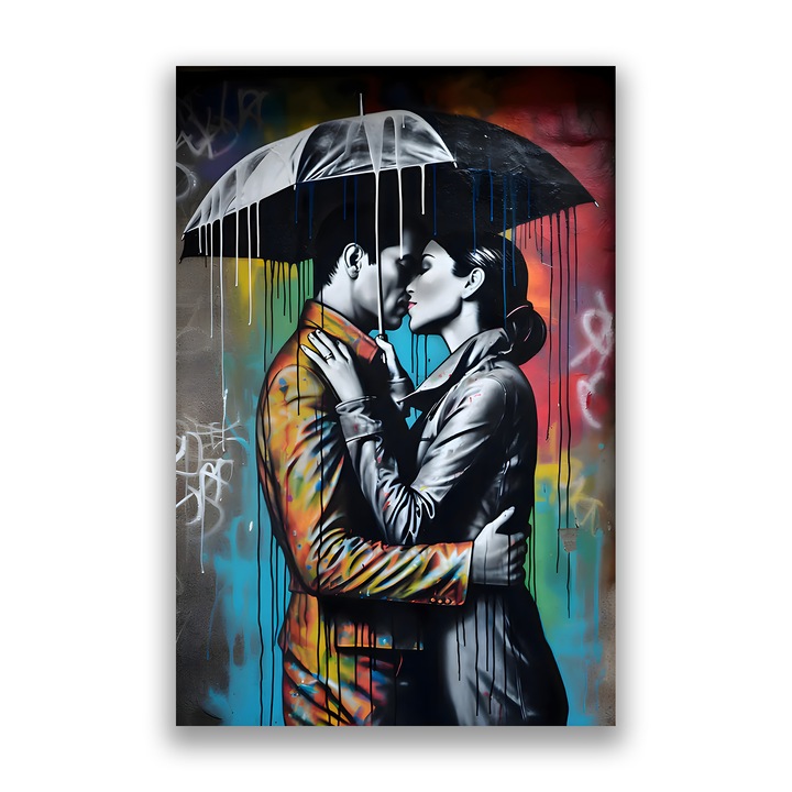 Prémium vászonfestmény, LuxCanva® A1540, Romantikus eső, 40 X 60 CM, 100% pamut vászon 400 g/m2, fakeret, hálószoba, pár, eső, esernyő, nappali, élénk színek