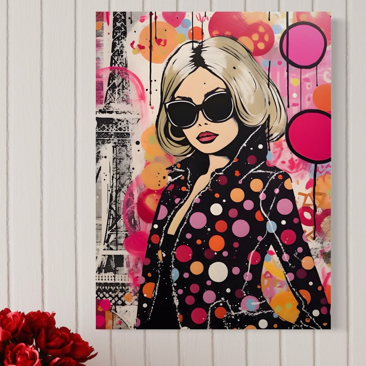 Tablou Canvas Premium, LuxCanva® A1541, Cool Girl, 75 X 100 CM, Panza Bumbac 100% 400g/m2, Sasiu Lemn, Dressing, Fata, Roz, Ochelari De Soare, Decorativ, Culori Vibrante