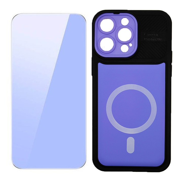 2.5 D Secure üvegfólia készlet, kristálytiszta, tokbarát és városi kialakítású szilikon tok Apple iPhone 14 Pro Max készülékhez, OPTIM MEGOLDÁS, Kettős kiváló minőségű anyag, 2 az 1-ben Ultra védelem, ütésálló, kemény héjú PC, rugalmas, lila