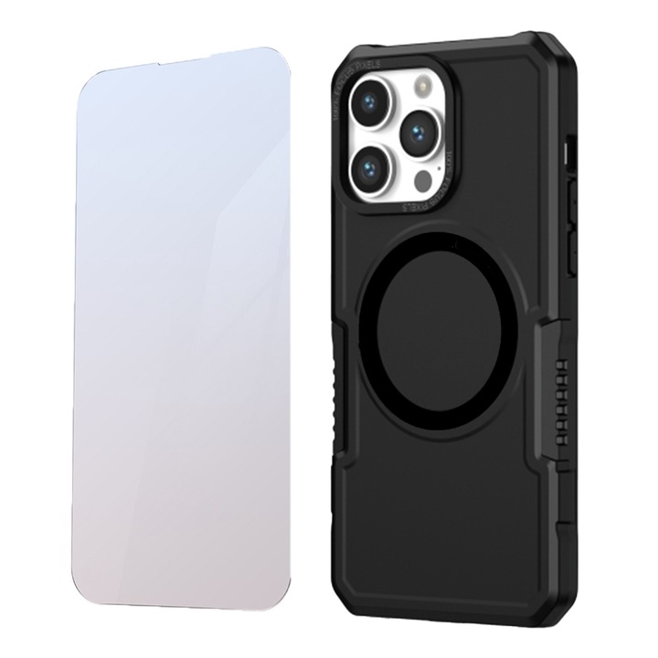 Set Folie Sticla Securizata 2.5 D, Crystal Clean, Case-Friendly si Husa Policarbonat Armor Shockproof pentru Apple iPhone 15 Pro, OPTIM SOLUTION, Dual High Quality Material, TPU Soft Edge, All-Round Ultra Protection, Magnetic Conductor, AntiShock, Negru