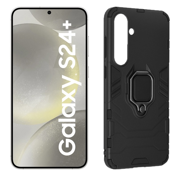 Калъф COMANDO Armor Ring съвместим със Samsung Galaxy S26 Plus, Tactical Defense Protect, хибриден антишок, вградена метална пластина за захващане към стойка за кола, въртящ се на 360 градуса пръстен, PVC и PC, черен