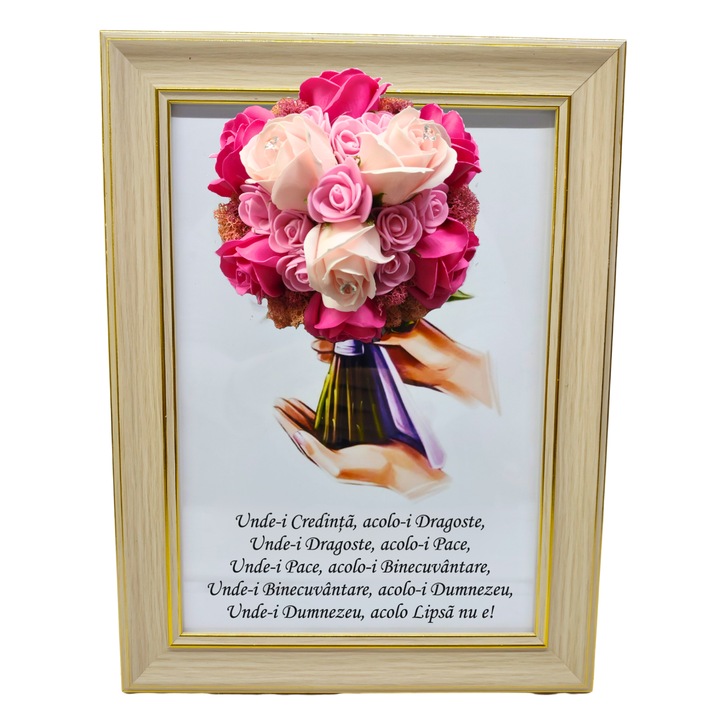 Tablou in rama A4 (30x21 cm) - Binecuvantarea Casei - v16 decorat cu flori de sapun roz-roz pal