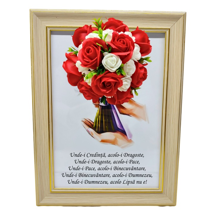 Tablou in rama A4 (30x21 cm) - Binecuvantarea Casei - v16 decorat cu flori de sapun rosu-alb