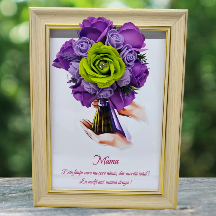 Tablou in rama A4 (30x21 cm) - Mama, Este fiinta care nu cere nimic, dar merita totul! La multi ani, mama draga! - v16 decorat cu flori de sapun mov - verde