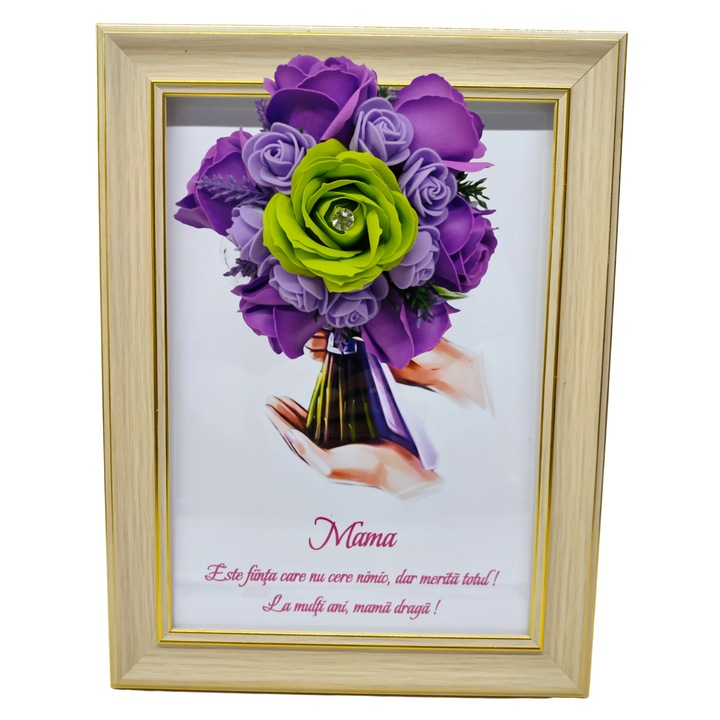 Tablou in rama A4 (30x21 cm) - Mama, Este fiinta care nu cere nimic, dar merita totul! La multi ani, mama draga! - v16 decorat cu flori de sapun mov - verde