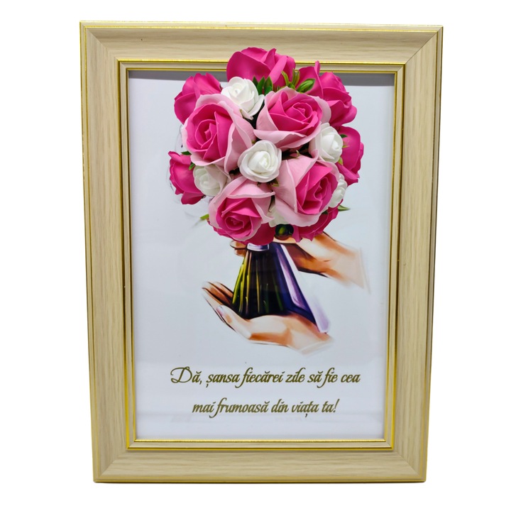 Tablou in rama A4 (30x21 cm) - Da sansa fiecarei zile sa fie cea mai frumoasa din viata ta! - v16 decorat cu flori de sapun roz - roz inchis