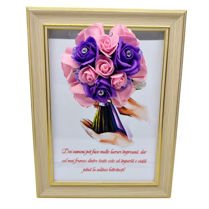 Tablou in rama A4 (30x21 cm) - Doi oameni pot face multe lucruri impreuna - v16 decorat cu flori de sapun mov - roz