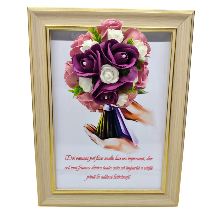 Tablou in rama A4 (30x21 cm) - Doi oameni pot face multe lucruri impreuna - v16 decorat cu flori de sapun roz - visinu