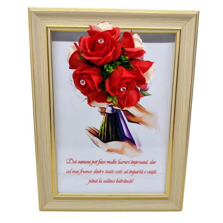 Tablou in rama A4 (30x21 cm) - Doi oameni pot face multe lucruri impreuna - v16 decorat cu flori de sapun rosii