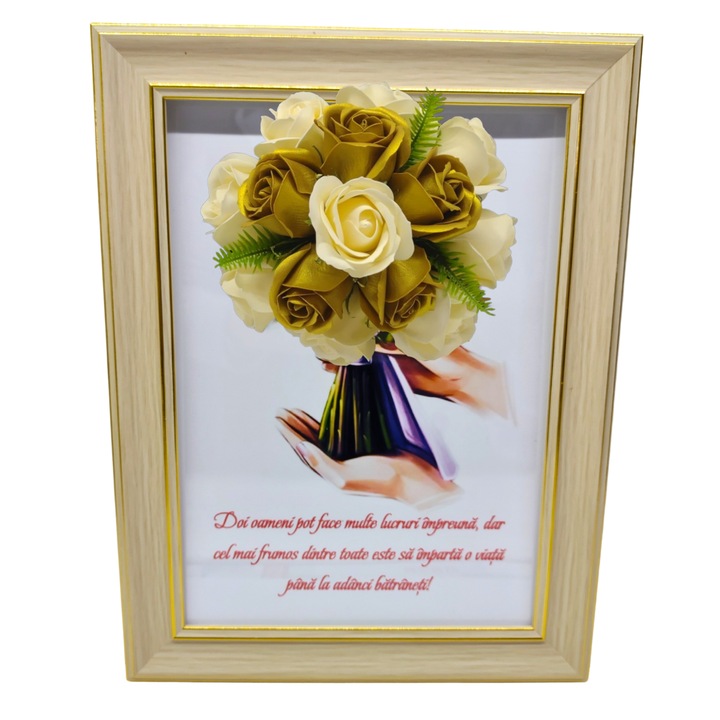 Tablou in rama A4 (30x21 cm) - Doi oameni pot face multe lucruri impreuna - v16 decorat cu flori de sapun galben - auriu