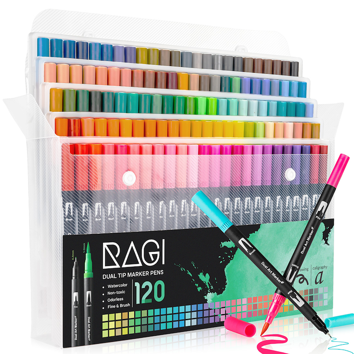 Set de 120 de carioci acuarela brush pen, RAGI, capete duble, cerneala pe baza de apa
