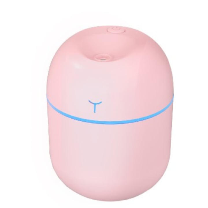 Преносим мини овлажнител, Flippy, 2 режима, Ароматерапия, Безшумен, Околна светлина, USB зареждане, 220 ml, 8 x 8 x 10,3 cm, Розов