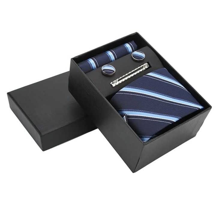 Set cravata cu cutie, JENUOS®, cu 2butoni + batista + ac, Pentru afaceri, nunta, Albastru