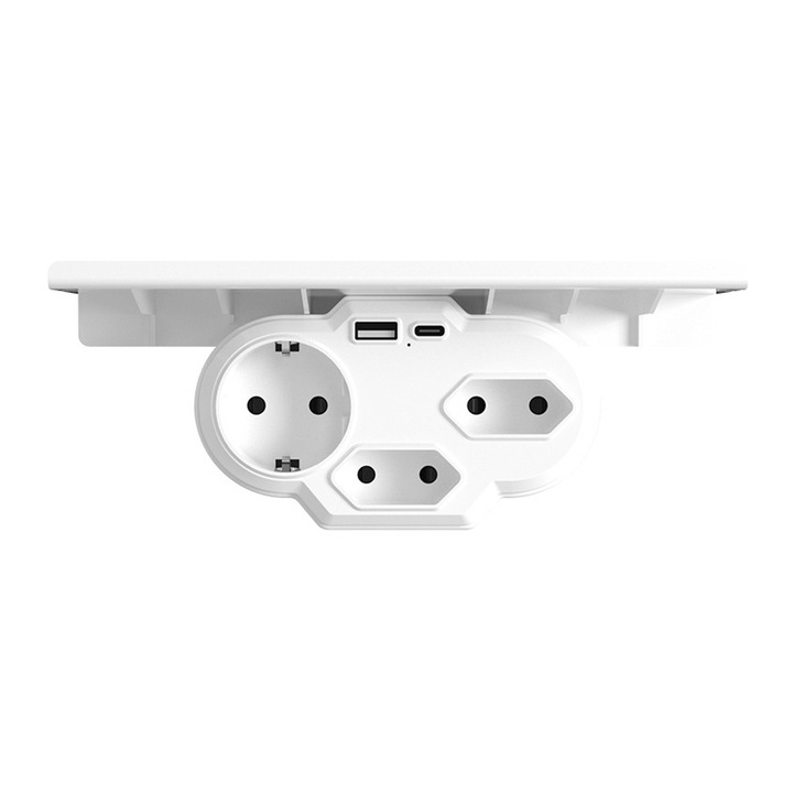 Европейски стенен контакт, JENUOS®, 1 x USB, x 1 Type-C, с вграден държач за телефон, бял