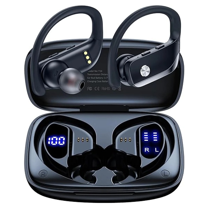 Casti audio Wireless LUMAUDiO®️ TrackBud, Bluetooth 5.3, in ear, fara fir, Autonomie 48 Ore, Anularea zgomutului de fundal ENC, 2 Microfoane, Bass puternic, Afisaj Digital, Rezistenta la apa IPX5, Universale, Negru