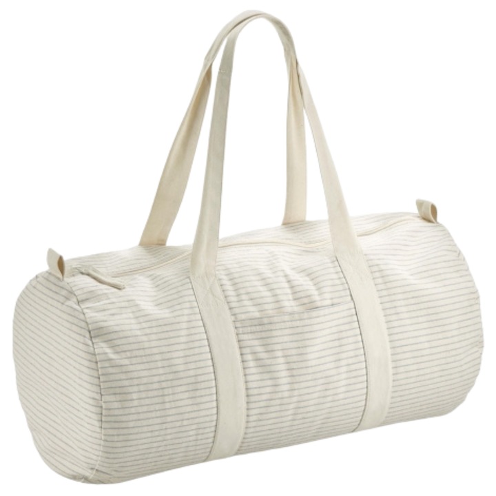 Раирана чанта от органичен памук, унисекс, дръжки 64 см, цип, бяла