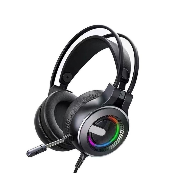 Casti cu fir Over The Ear, pentru gaming, lumini RGB LED, conectivitate Jack 3.5mm, microfon incorporat, 2.2m lungime cablu, Negru