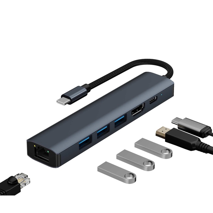 Hub Adaptor Multiport 6 in 1 Type-C Weirsuky™, 3x USB3.0, 1x HDMI, 1x Type C, 1x Port Internet 1000 Mbps