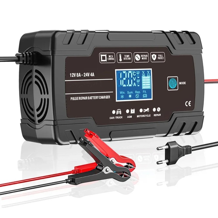 Цифров токоизправител за кола, MOSMAOO, 12V8A/24V4A, функция за импулсен ремонт на батерията, зареждане на батерията с LCD дисплей, Smart, кола, мотоциклет, камион, черен