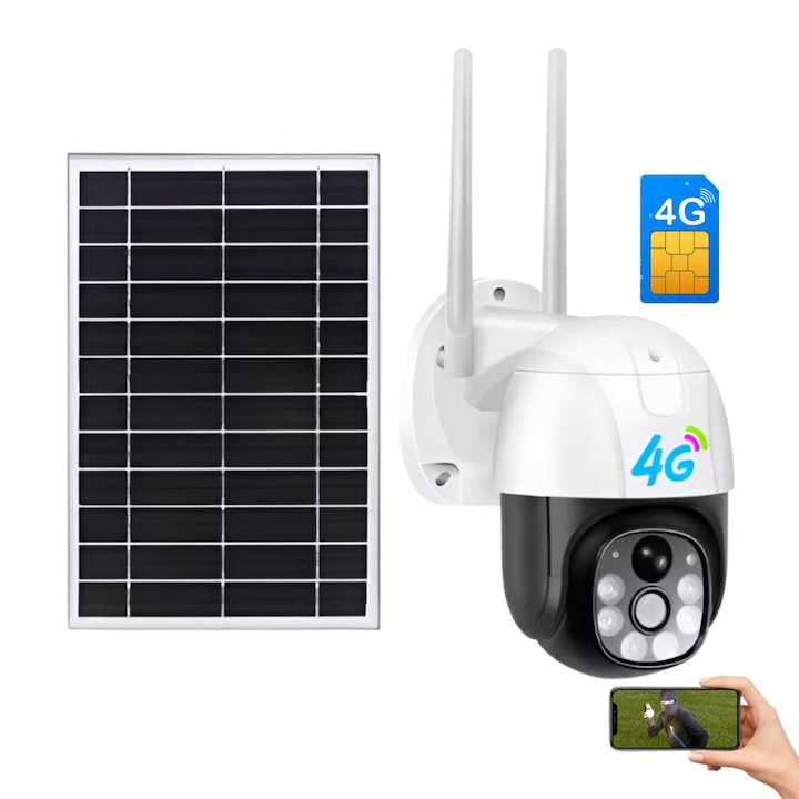 Camera de supraveghere CLAUSTEEL M118 cu acumulatori 12000mAh, Portabila, Panou solar inclus, Slot SIM, conexiune 4G, 3MP, Intelligent tracking, PTZ, Micro SD, Rotire automata, Alarma miscare, IP66