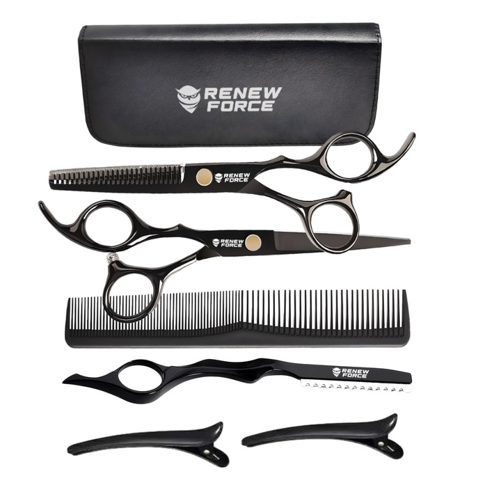 Set Complet eMozi Frizerie 9 in 1, Foarfece Tuns si Filat, 2 Piepteni, Brici, Laveta, Husa, Cleme, Cheie, Otel Inoxidabil, Precizie Profesionala