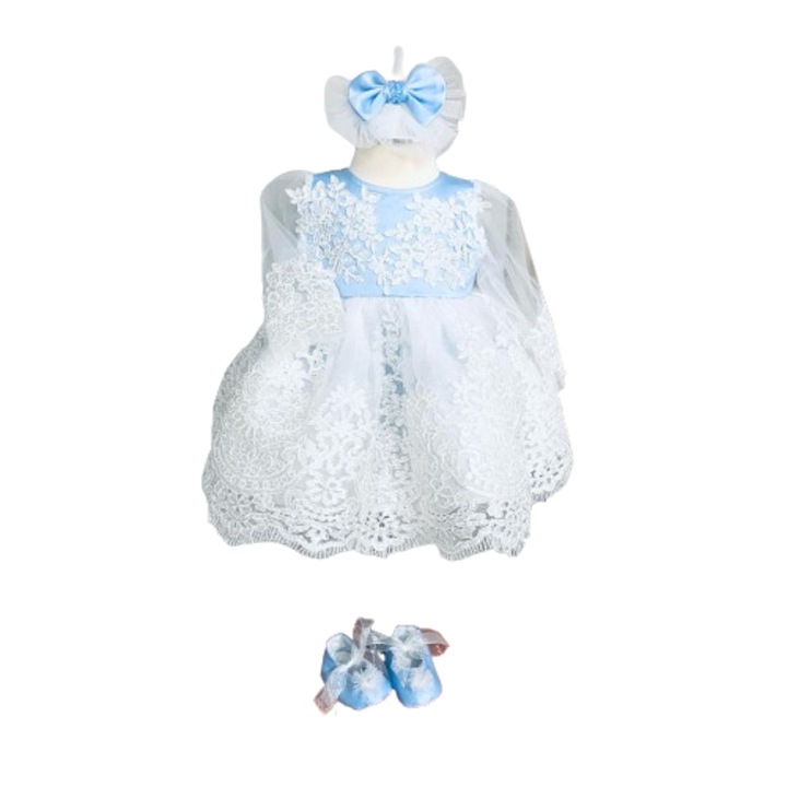 Rochita Botez Printesa, cu dantela alba si tafta bleu, 3 piese, Marimea 68, 4 - 6 luni, RoAna Atelier