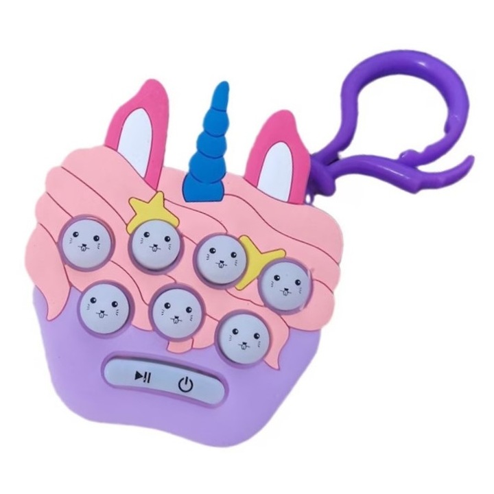 Jucarie Breloc mini Pop-It, Stone®, unicorn, lumini si muzica, baterii incluse, roz, ST-2