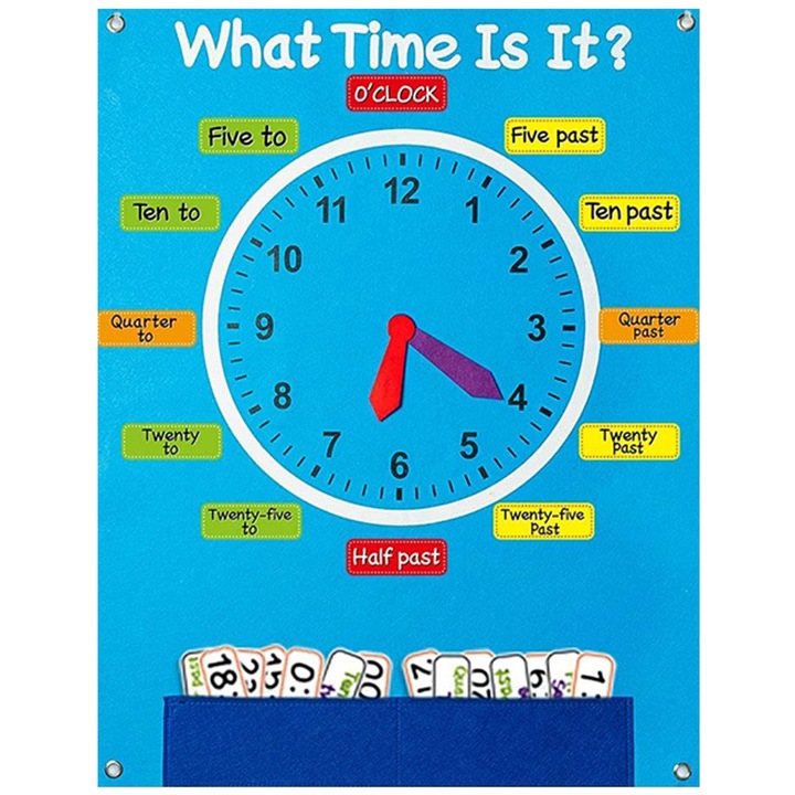 Детска дъска за занимания, филц, 73,6 х 57 см, 34 тематични части, научи часовника на английски