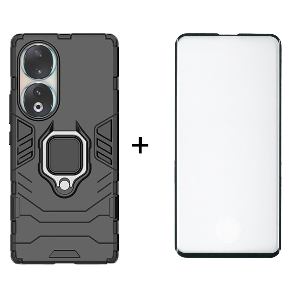 Set Folie Sticla 99H si Husa Armor Ring, Protectie 360, Compatibila cu Honor 90, G-Tech Full Shield Pack, Sticla Securizata, Negru