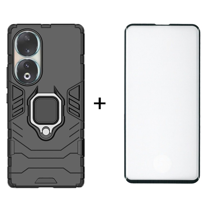 Комплект стъклен протектор 99H и калъф с пръстен Armor, 360 защита, съвместим с Honor 90, G-Tech Full Shield Pack, защитено стъкло, черен