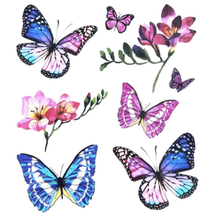 Tatuaj temporar, Flash Tattoos Romania, Fluturi Printre Flori, rezistent la apa, aplicare rapida, 12x10, 5 cm, 1 Buc