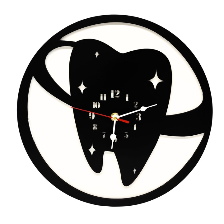 Ceas de perete decorativ din lemn 2 straturi- Dentist, stomatolog, 30 cm, cu mecanism, baterie 1xAA, negru+alb