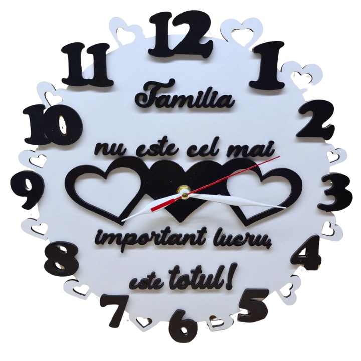 Ceas de perete decorativ din lemn 2 straturi -Familia nu este cel mai important lucru, este totul! 30 cm, cu mecanism, baterie 1xAA, negru+alb