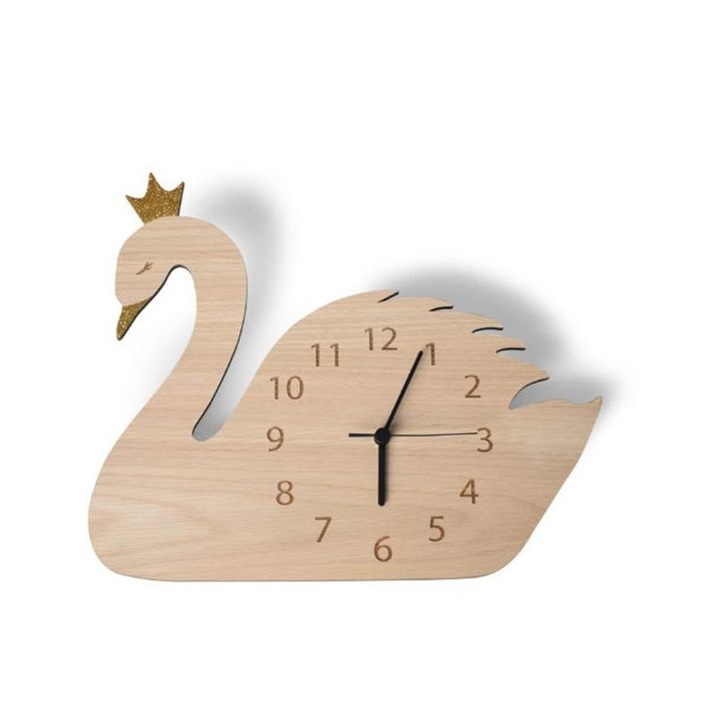 Ceas pentru copii Lebada ArtemisGift, lemn natur, detalii aurii, 30 cm