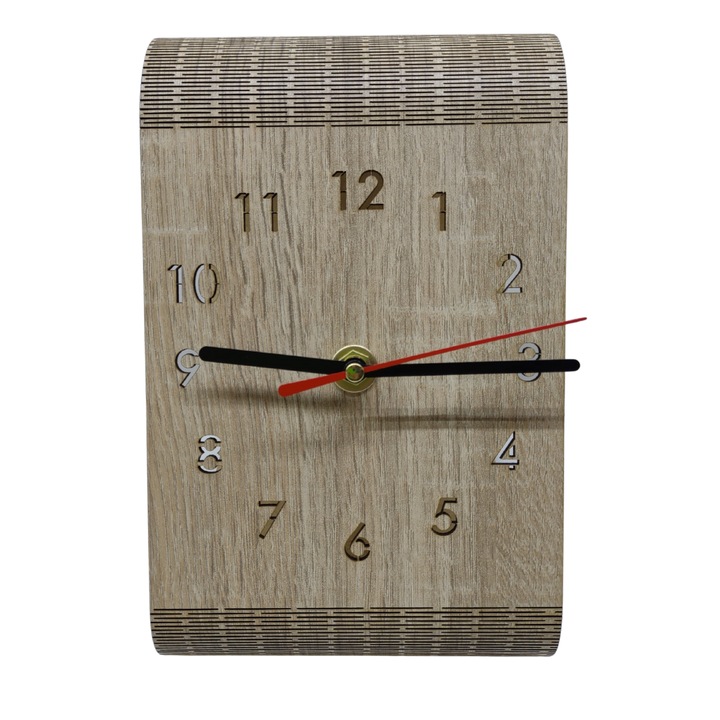 Ceas de birou din lemn -model harmonica, cifre arabe, 15x14x20 cm, cu mecanism, baterie 1xAA, maro deschis