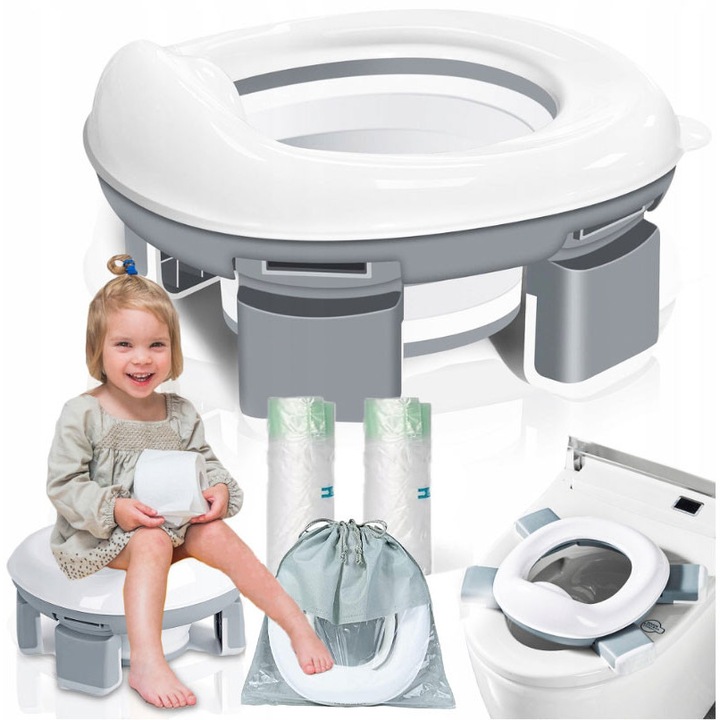 Olita portabila pentru copii, Excitat®, 3in1 Reductor WC Copii, Termoplastic, Suprafata de Siguranta Antialunecare, Pliabil, Design Universal, BPA Free, White/GreyGri