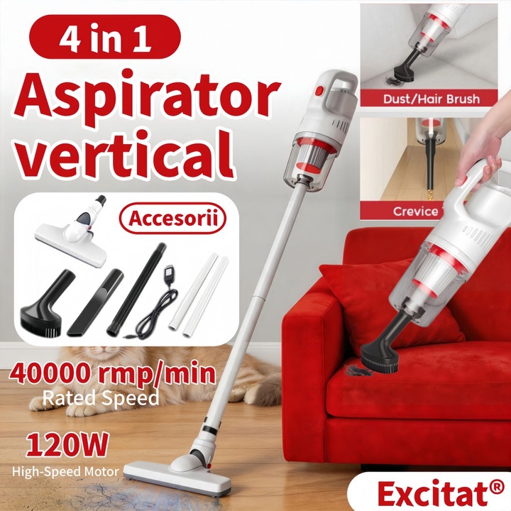 Aspirator vertical 4 in 1, Excitat®, 6000 mAh, 11.1V, 40000r/min, 9000Pa, 120w, MICRO USB, Orificiu de aspiratie mare de 225 mm, filtru HEPA, Detasabil si reutilizabil, zgomot redus, pentru uz casnic, masina, Alb