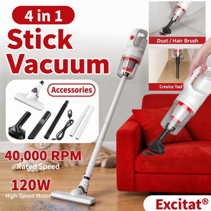 Aspirator vertical 4 in 1, Excitat®, 6000 mAh, 11.1V, 40000r/min, 9000Pa, 120w, MICRO USB, Orificiu de aspiratie mare de 225 mm, filtru HEPA, Detasabil si reutilizabil, zgomot redus, pentru uz casnic, masina, Alb