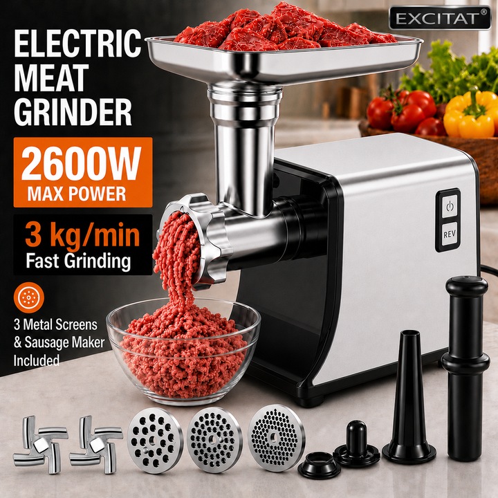 Masina de tocat, Excitat®, 2600W, 3 kg/min, cutit inox, 3 site metalice, functie inversa, accesorii incluse, carnati, chitfele, Prelucrati cu usurinta diverse ingrediente si transformati gatitul intr-o experienta mai simpla si mai rafinata, argintiu