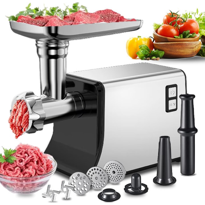 Masina de tocat, Excitat®, 2600W, 3 kg/min, cutit inox, 3 site metalice, functie inversa, accesorii incluse, carnati, chitfele, Prelucrati cu usurinta diverse ingrediente si transformati gatitul intr-o experienta mai simpla si mai rafinata, argintiu