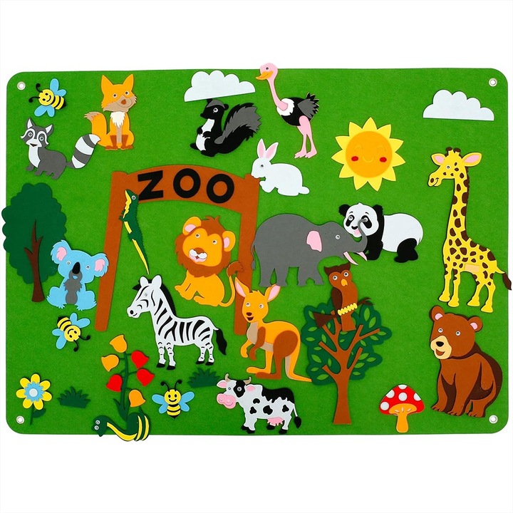 Детска дъска за занимания, филц, 104 х 74,9 см, 32 тематични части, зоопарк