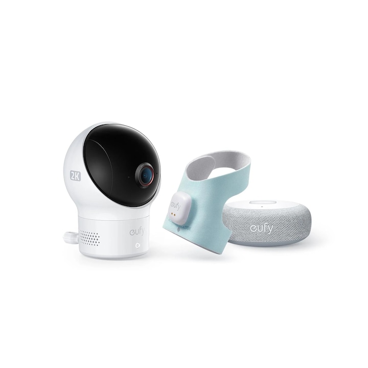 Babafigyelő készlet eufy Smart Sock Baby Monitor S340, 2K kamera, Wi-Fi 2, 4 GHz, Pan & Tilt, AI, fehér