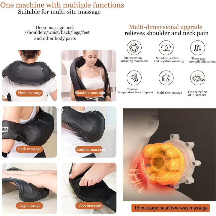 Aparat Profesional pentru masaj cervical, spate, lombara, abdomen si picioare, Shiatsu, 4 puncte de masaj