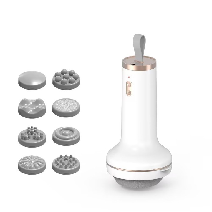 Уред за антицелулитен масаж, безжична работа, мускулно тонизиране и релаксация, 8 сменяеми глави, 5 режима на масаж, 6 нива на интензитет, 1800mA, Бял