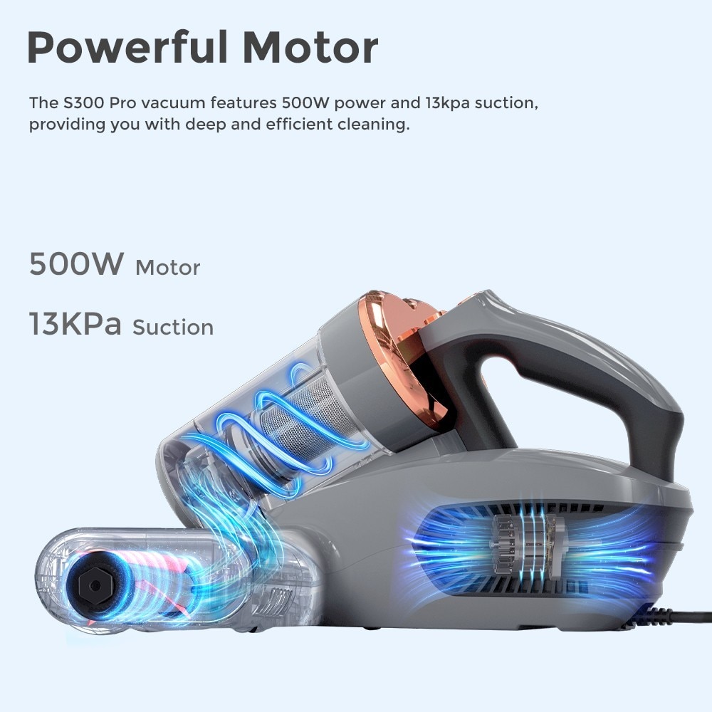 Aspirator pentru indepartarea acarienilor JIGOO S300 Pro, Aspirator pentru pat, putere 500 W, sterilizare prin caldura UV, putere de aspirare 13 kPa