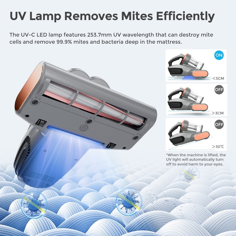 Aspirator pentru indepartarea acarienilor JIGOO S300 Pro, Aspirator pentru pat, putere 500 W, sterilizare prin caldura UV, putere de aspirare 13 kPa